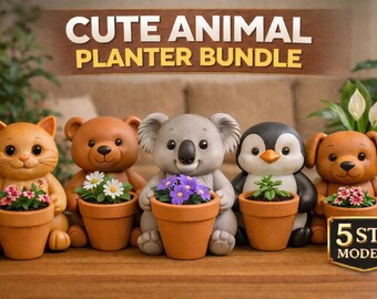 May include: A collection of five animal-shaped planters, including a cat, bear, koala, penguin, and dog, each holding a small terracotta pot with flowers or a plant. The text "CUTE ANIMAL PLANTER BUNDLE" is displayed above.