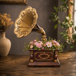 Vintage grammofonkruka | Antik fonografblomkruka 3D-utskrivbar modell | Retro musikdekor | Dekorativ behållare | STL-fil