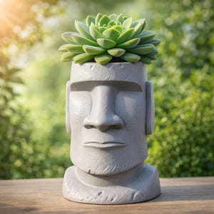 May include: A grey Moai head planter with a green succulent plant. The planter is made to look like stone and has detailed facial features. The succulent is a bright green colour and sits on top of the head.