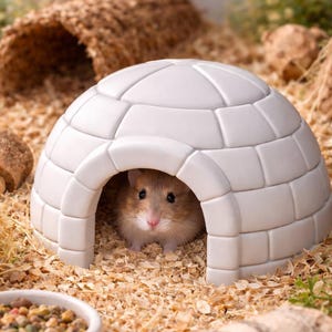 May include: A small, tan hamster peeks out from the entrance of a white, igloo-shaped pet house. The igloo is made of segmented blocks and sits in a bed of wood shavings. A small bowl of food is visible in the foreground.