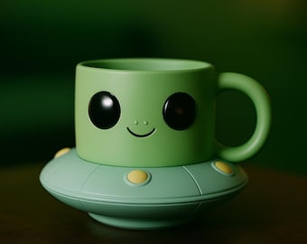 May include: A light green ceramic mug with a cartoon alien face, featuring large black eyes and a smile. The mug sits on a matching saucer shaped like a UFO. The mug and saucer are light green.