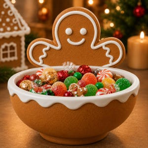 May include: A brown ceramic bowl shaped like a gingerbread person with white icing trim, filled with a variety of colourful sweets including red, green, and orange gumdrops, wrapped chocolates, and small peppermint swirls.