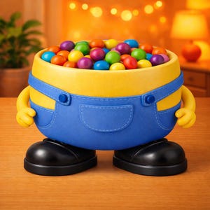 May include: A whimsical, yellow and blue candy bowl shaped like a cartoon character, filled with colorful candies. The bowl has blue overalls with yellow arms and legs, and black shoes. The candies are various colors.