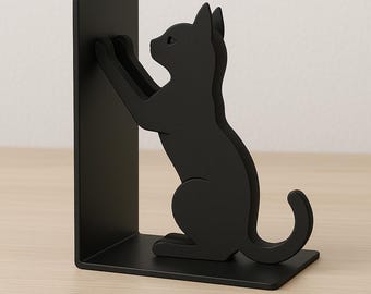 Puede incluir: Un sujetalibros negro de metal con forma de gato. El gato está sentado, con las patas extendidas para sujetar un libro. El sujetalibros tiene una base rectangular y un soporte vertical. La silueta del gato está detallada.