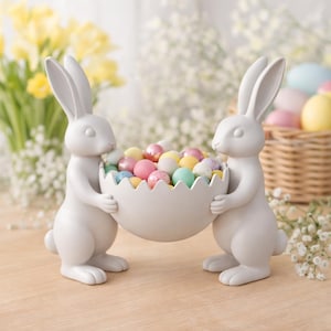 May include: Two white bunny figurines holding a white egg-shaped bowl filled with colorful speckled Easter candies. The bunnies are positioned on a light wooden surface, with flowers and a basket in the background.