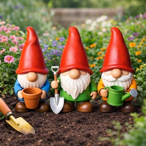 May include: Three garden gnomes with red hats, white beards, and rosy cheeks stand in a garden setting. One gnome holds a small brown pot, another a shovel, and the third a green watering can. They wear blue, green, and orange shirts.