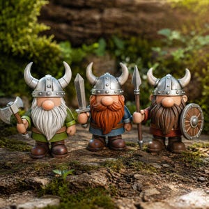 May include: Three Viking gnome figurines with horned helmets, beards, and weapons. One holds an axe, another a sword, and the third a spear and shield. The gnomes wear green, blue, and red outfits, standing on a mossy surface.