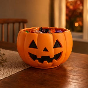 May include: A bright orange pumpkin-shaped bowl featuring a carved jack-o'-lantern face with triangular eyes, a triangular nose, and a wide, jagged mouth. The bowl is filled with various colorful, individually wrapped candies.