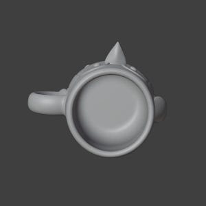 May include: A gray mug with a handle, a rounded base, and a decorative top with a pointed finial. The mug has a circular opening and a small, rounded detail on the side.