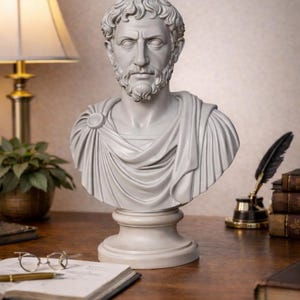 Puede incluir: Busto gris claro de un hombre con barba y pelo rizado, con una prenda drapeada. El busto está sobre un pedestal, colocado sobre un escritorio de madera con una lámpara, libros e instrumentos de escritura. Escultura clásica.