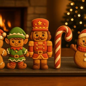 May include: A festive arrangement of gingerbread cookies in the shapes of a bear, elf, nutcracker, candy cane, and snowman. Each cookie is decorated with colorful icing and placed on a dark tray. A fireplace and Christmas tree are in the background.