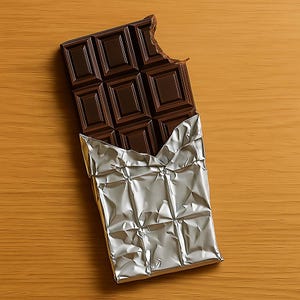 May include: A partially unwrapped dark chocolate bar with a bite taken out of it. The chocolate is a rich brown color and is in a silver foil wrapper. The bar is on a light brown wooden surface.