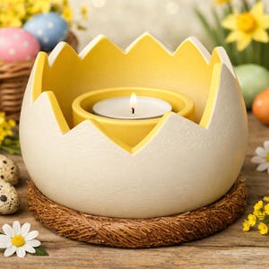 Può includere: Un portacandele a forma di uovo di Pasqua in ceramica con una candela accesa. Il guscio dell'uovo è color crema con un interno giallo e bordi frastagliati. Poggia su una base a nido intrecciato marrone.