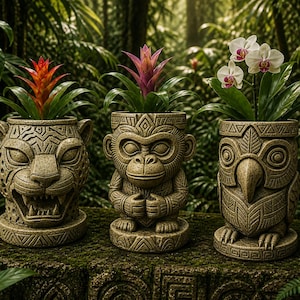Pode incluir: Três floreiras tiki detalhadas, de cor bege, cada uma com um design de animal diferente: uma jaguatirica, um macaco e uma coruja. Cada floreira contém uma planta vibrante com folhas verdes e flores coloridas. As floreiras estão situadas num exuberante fundo de selva verde.