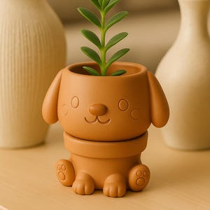 Puede incluir: Una maceta marrón con forma de perro con una pequeña planta verde. La maceta tiene una cara sonriente, orejas y patas. La planta tiene varias hojas verdes. Dos jarrones color crema están en el fondo.
