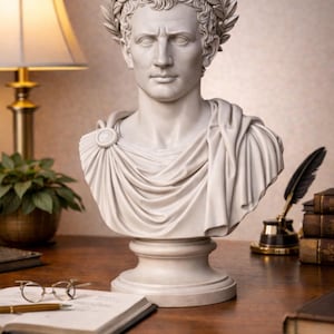 Puede incluir: Busto blanco de un emperador romano con corona de laurel. La escultura está sobre un pedestal y drapeada con una toga. Sobre un escritorio de madera con lámpara, libros y útiles de escritura.