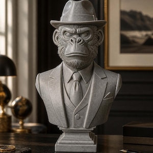 Könnte beinhalten: Graue Skulptur einer Schimpansenbüste mit Fedora, Anzug und Krawatte. Die Skulptur hat einen detaillierten, ernsten Ausdruck und steht auf einem Sockel. Der Hintergrund umfasst einen Schreibtisch, eine Lampe und ein gerahmtes Bild.