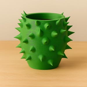 May include: A green, cylindrical planter with a textured surface and numerous conical spikes. The planter is made of a solid material and has a wide opening at the top. The design resembles a cactus or other spiky plant.
