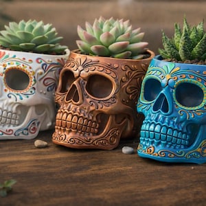 May include: Three decorative skull-shaped planters, each holding a succulent plant. The planters are white, bronze, and blue, with intricate floral designs. The skulls have open eye sockets and teeth, creating a unique and artistic look. The planters are on a wooden surface.