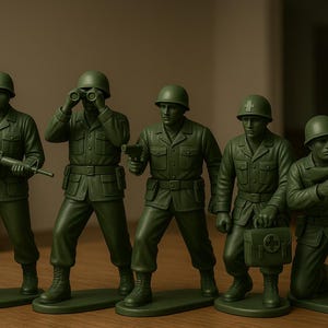 May include: A collection of five green plastic toy soldiers in various poses. One soldier holds binoculars, another a pistol, and two others hold rifles. One soldier kneels, and another carries a medical kit. The figures are on green bases.