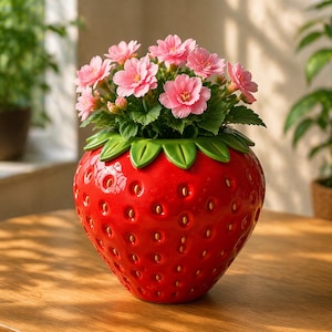 Può includere: Un vaso di fiori a forma di fragola in ceramica rossa brillante con finitura lucida, riempito di piante fiorite rosa e foglie verdi. Il vaso presenta un design dettagliato con piccole rientranze a forma di seme. Un oggetto decorativo e stravagante per l'arredamento della casa.