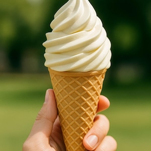 Puede incluir: Un cono de helado de vainilla con un remolino cremoso blanquecino. El cono es de color marrón claro con un patrón de gofres. El fondo es verde borroso, lo que sugiere un entorno al aire libre.