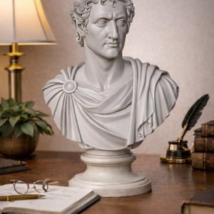 Puede incluir: Busto gris de un hombre con cabello rizado y vestimenta drapeada, montado sobre un pedestal. La escultura está sobre un escritorio de madera con una lámpara, libros e instrumentos de escritura.