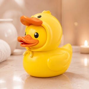 Puede incluir: Un juguete de pato de goma amarillo brillante con una capucha en forma de cabeza de pato. El pato principal tiene un pico naranja vibrante y ojos negros, mientras que la capucha también muestra un pico naranja y un pequeño mechón de plumas.