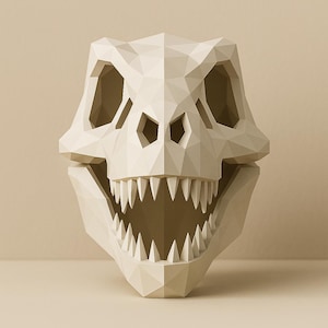 May include: A geometric, off-white dinosaur skull sculpture. The skull features sharp teeth and detailed polygonal facets, creating a modern, artistic aesthetic. The eye sockets and nasal cavity are open, adding depth to the design. The sculpture is a decorative item.