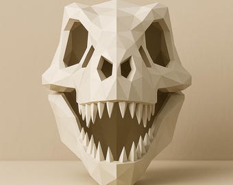 May include: A geometric, off-white dinosaur skull sculpture. The skull features sharp teeth and detailed polygonal facets, creating a modern, artistic aesthetic. The eye sockets and nasal cavity are open, adding depth to the design. The sculpture is a decorative item.