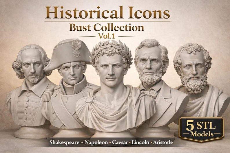 May include: A collection of five classical bust sculptures, including Shakespeare, Napoleon, Caesar, Lincoln, and Aristotle. The busts are in a light beige color, with detailed facial features and clothing. The text "Historical Icons Bust Collection Vol. 1" is displayed above.