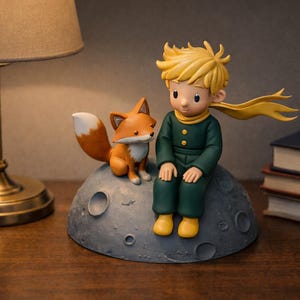 Peut inclure: Figurine du Petit Prince et d'un renard assis sur une base en forme de lune. Le Prince porte une tenue verte, une écharpe et des bottes jaunes. Le renard est orange et blanc. Une lampe et des livres sont en arrière-plan.