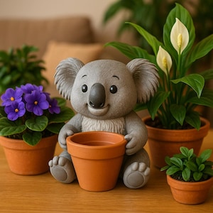 Peut inclure: Une figurine de koala grise tenant un petit pot en terre cuite, entourée de plantes en pot avec des fleurs violettes et un feuillage vert. Le koala a une expression amicale. La scène se déroule sur une surface en bois.
