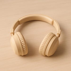 May include: Beige over-ear headphones with a padded headband and earcups. The earcups feature a ribbed design. The headphones are positioned on a light-coloured wooden surface.