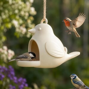 May include: A cream-colored bird-shaped bird feeder with a small bird inside and two other birds nearby. The feeder is suspended by a rope. The background is blurred with green foliage and purple flowers.