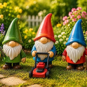 May include: Three garden gnomes with red, blue, and green hats stand in a grassy area. One gnome holds shears, another a lawnmower, and the third a pitchfork. Colorful flowers and greenery are in the background.