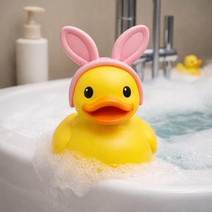 May include: A yellow rubber duck wearing a pink bunny ear headband, sitting in a bathtub filled with bubbles. The duck has black eyes and an orange beak. A bottle of soap is in the background.