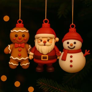 Pode incluir: Três enfeites de Natal: um boneco de gengibre, o Papai Noel e um boneco de neve. O boneco de gengibre é marrom com detalhes de glacê branco e uma gravata borboleta vermelha. O Papai Noel usa um terno e chapéu vermelhos com barba branca. O boneco de neve tem um cachecol e chapéu vermelhos.