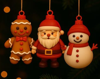 May include: Three Christmas ornaments: a gingerbread man, Santa Claus, and a snowman. The gingerbread man is brown with white icing details and a red bow tie. Santa wears a red suit and hat with a white beard. The snowman has a red scarf and hat.