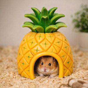 Può includere: Una casetta per animali a forma di ananas gialla e verde con un piccolo criceto che sbuca dalla porta ad arco. La casa ha un esterno strutturato e una parte superiore verde e frondosa. Il criceto è marrone e bianco.