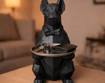 Low Poly Doberman Butler Tray 3D-print | Hondenkelner | Sleutels en portemonneehouder | STL-bestand