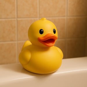 Puede incluir: Un pato de goma amarillo brillante con una expresión alegre. El pato tiene un cuerpo redondo, ojos negros pequeños y un pico naranja. Un juguete de baño clásico, es un artículo divertido y familiar para los niños.