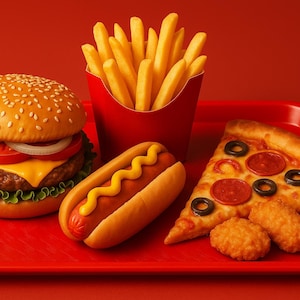 Può includere: Un vassoio rosso contiene un hamburger, patatine fritte, un hot dog, una fetta di pizza e due pepite di pollo fritte. L'hamburger ha un panino con semi di sesamo, pomodoro, cipolla, formaggio e un hamburger di manzo. L'hot dog ha la senape.