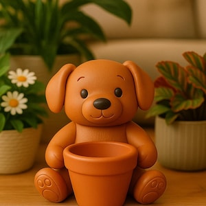 Op de afbeelding: Een bruine, hondvormige plantenbak met een kleine terracotta pot. De hond heeft grote oren, een zwarte neus en donkere ogen. De plantenbak staat op een houten oppervlak, met potplanten op de achtergrond.