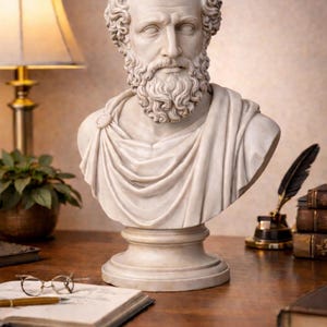 Puede incluir: Busto blanco de un hombre barbudo con vestimenta clásica. La escultura está sobre un pedestal. Un escritorio con lámpara, libros y útiles de escritura crea un ambiente intelectual.