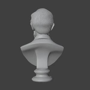 May include: A gray bust sculpture depicting the back of a person's head and shoulders. The sculpture features detailed hair and a collared shirt. The bust is mounted on a pedestal base, and the background is a solid gray.