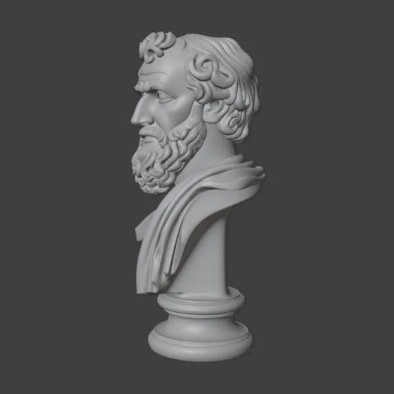 May include: A gray bust of a bearded man with curly hair and a draped garment. The sculpture is set on a pedestal base. The bust is a classical art piece.
