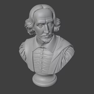 May include: A gray bust of William Shakespeare, featuring detailed facial features, including a mustache and beard. The sculpture has a classic design, with a collared shirt and a round base. The bust is a decorative item.