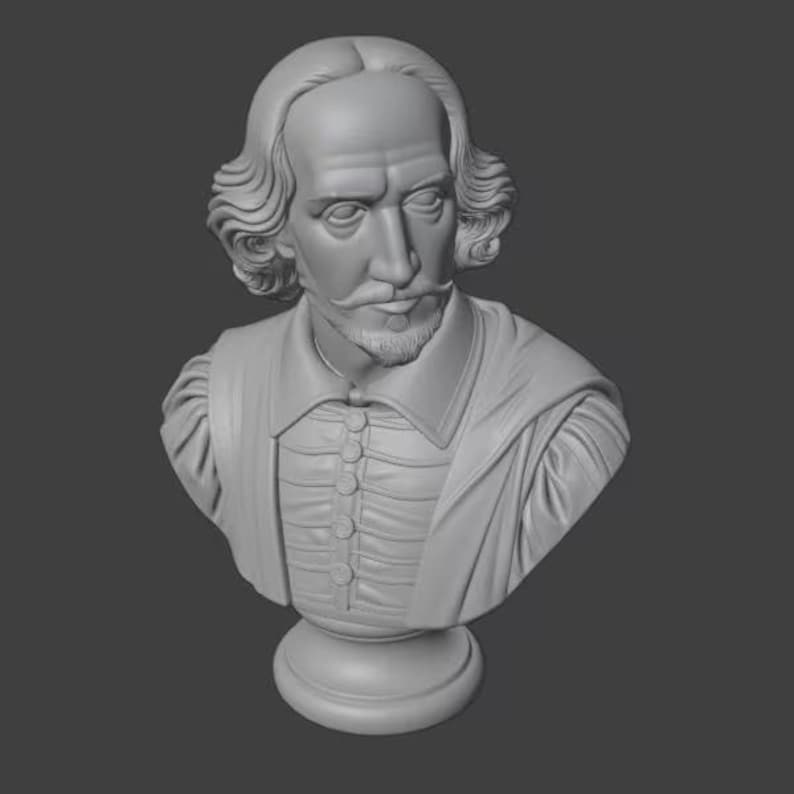 May include: A gray bust of William Shakespeare, featuring detailed facial features, including a mustache and beard. The sculpture has a classic design, with a collared shirt and a round base. The bust is a decorative item.