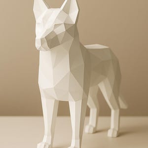 May include: A white geometric dog sculpture with a modern, angular design. The sculpture is made of multiple flat planes, creating a faceted appearance. The dog is standing on all fours, with its ears perked up.